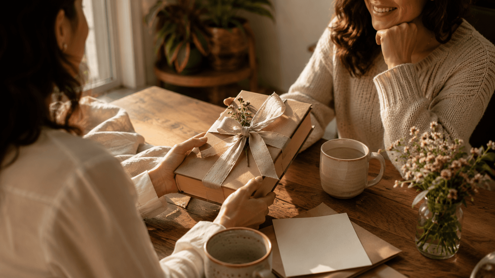 Livro embrulhado para presente com cartão, duas xícaras e flores em luz de tarde