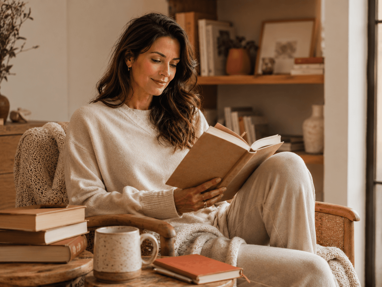 Mulher lendo um livro em casa em um ambiente acolhedor, com café e livros ao redor.