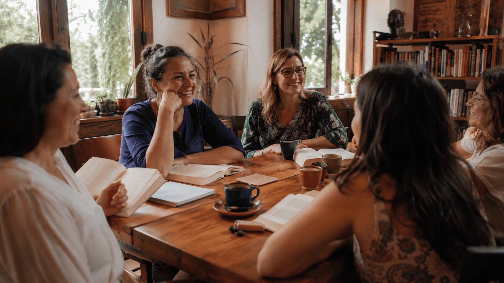 Leitoras reunidas ao redor de uma mesa com livros, cadernos e xícaras em um ambiente acolhedor.