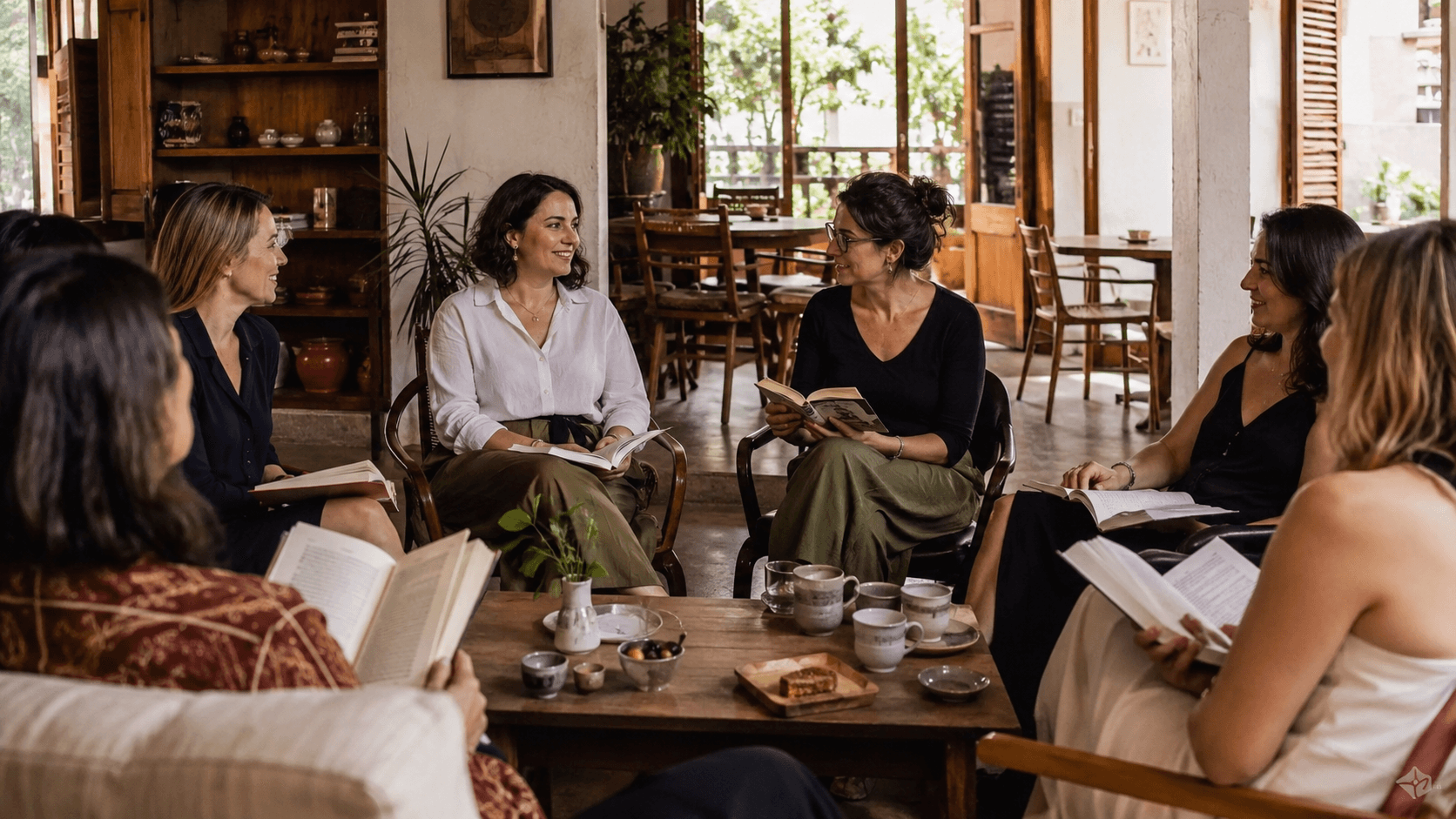 Grupo de leitoras reunidas com livros em um espaço acolhedor de Florianópolis.