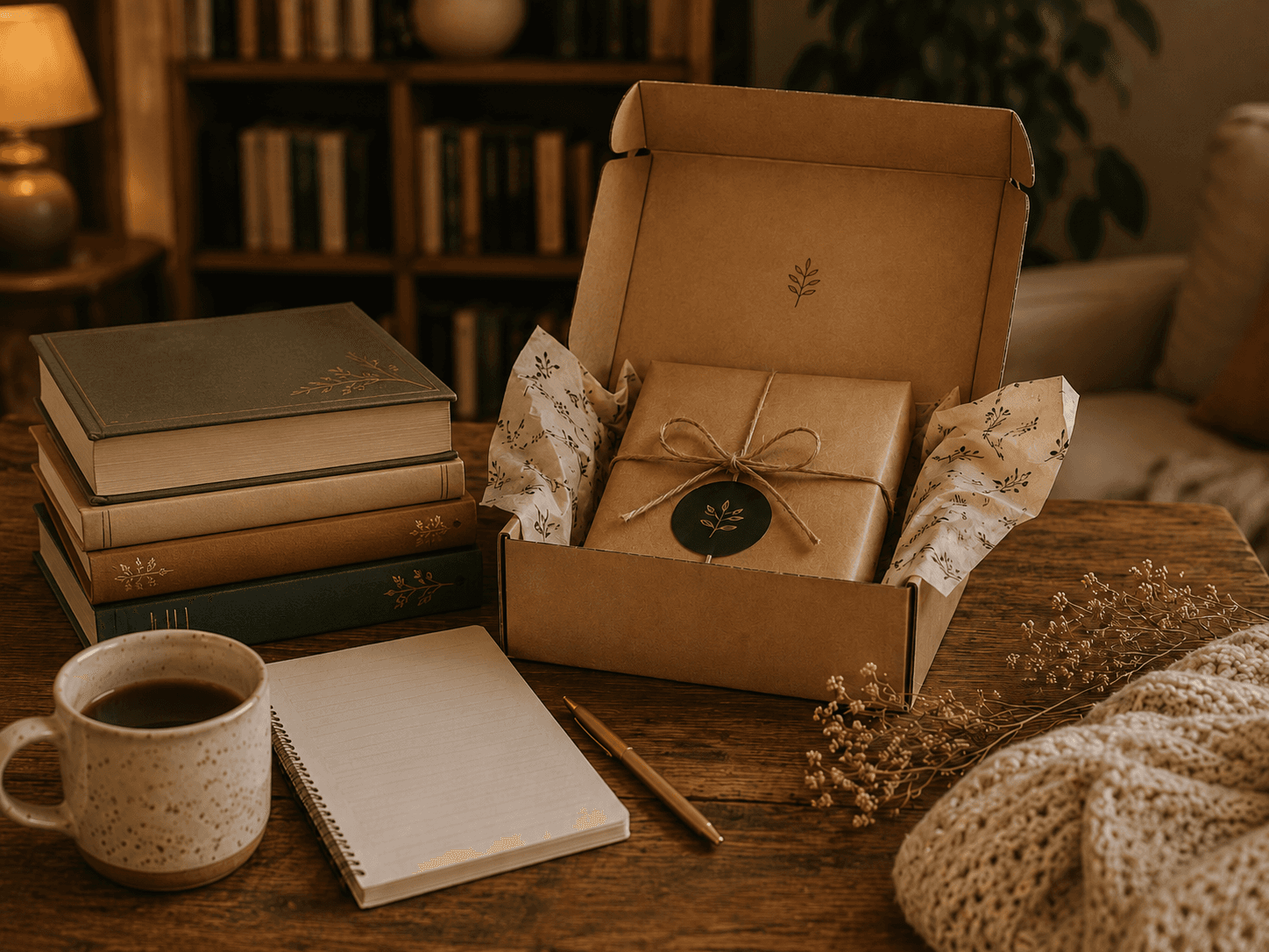 Livros e cartões de assinatura sobre uma mesa com café, papel e luz natural