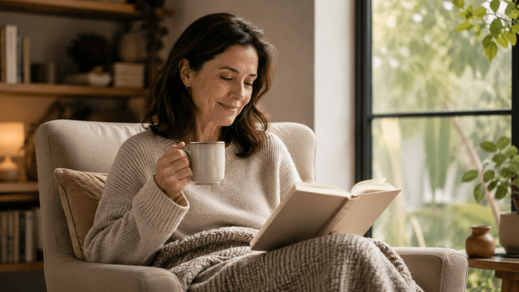Livro aberto sobre uma mesa tranquila, com xícara, marcador de página e luz suave para retomar a leitura sem pressa.