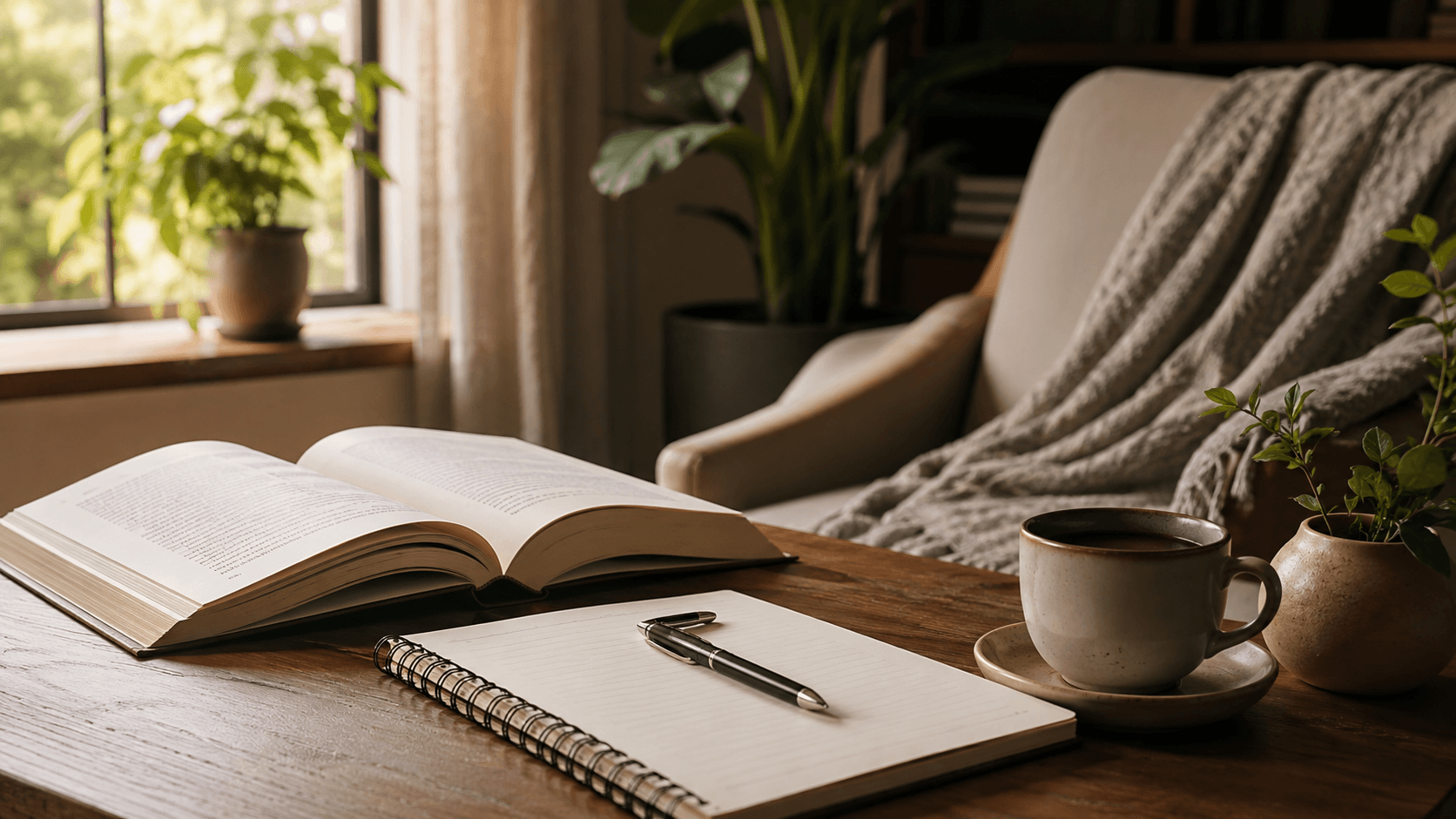 Livro, caderno, caneta e marcador em uma rotina simples de leitura sobre uma mesa organizada.