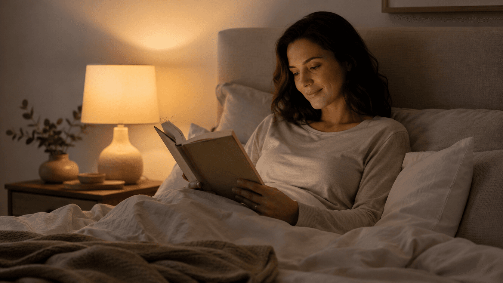 Livro aberto ao lado da cama, com luz suave e ambiente tranquilo para leitura antes de dormir.