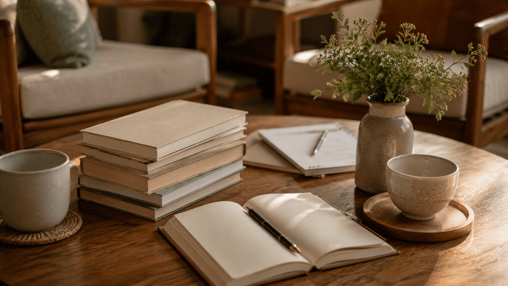 Pilha de livros curtos com caderno, caneta e xícaras em mesa de clube do livro