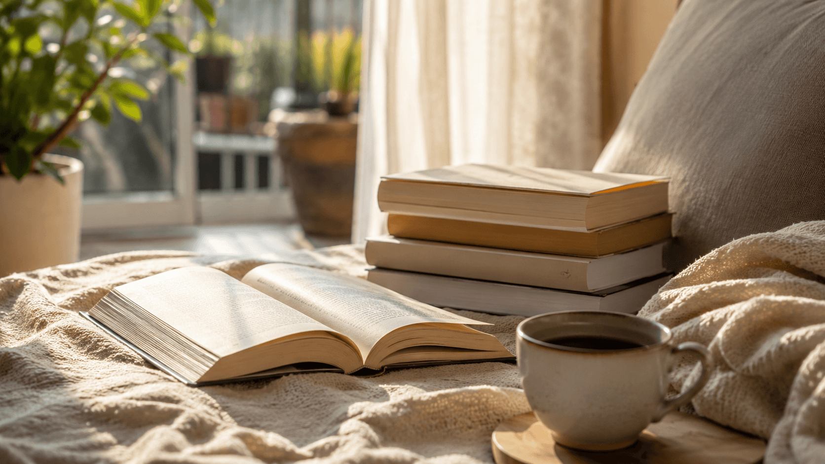Livros curtos, café e uma manta em um canto de leitura preparado para o fim de semana.