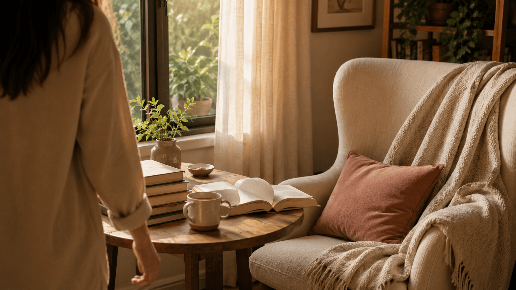 Cantinho de leitura com poltrona, livro aberto, café e luz natural suave