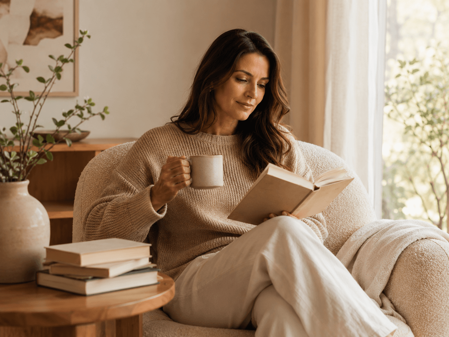 Mesa de leitura com livros, café, tecido de linho e flores secas em luz natural