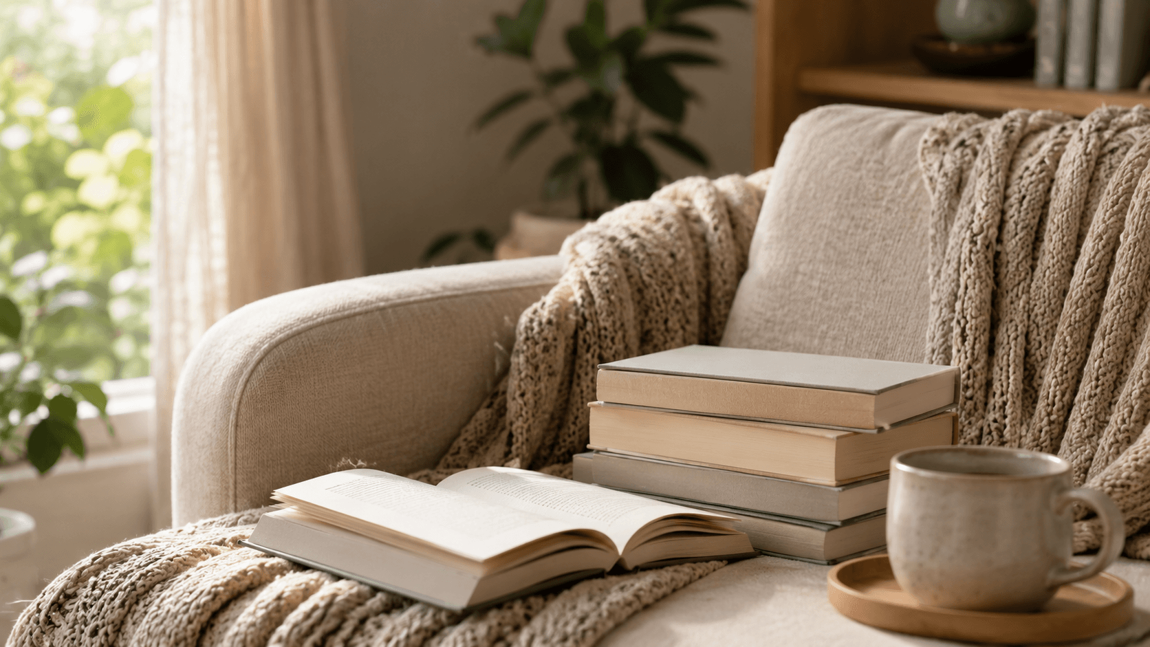 Pequena pilha de livros acolhedores sobre uma mesa clara, escolhidos para voltar a ler com calma.