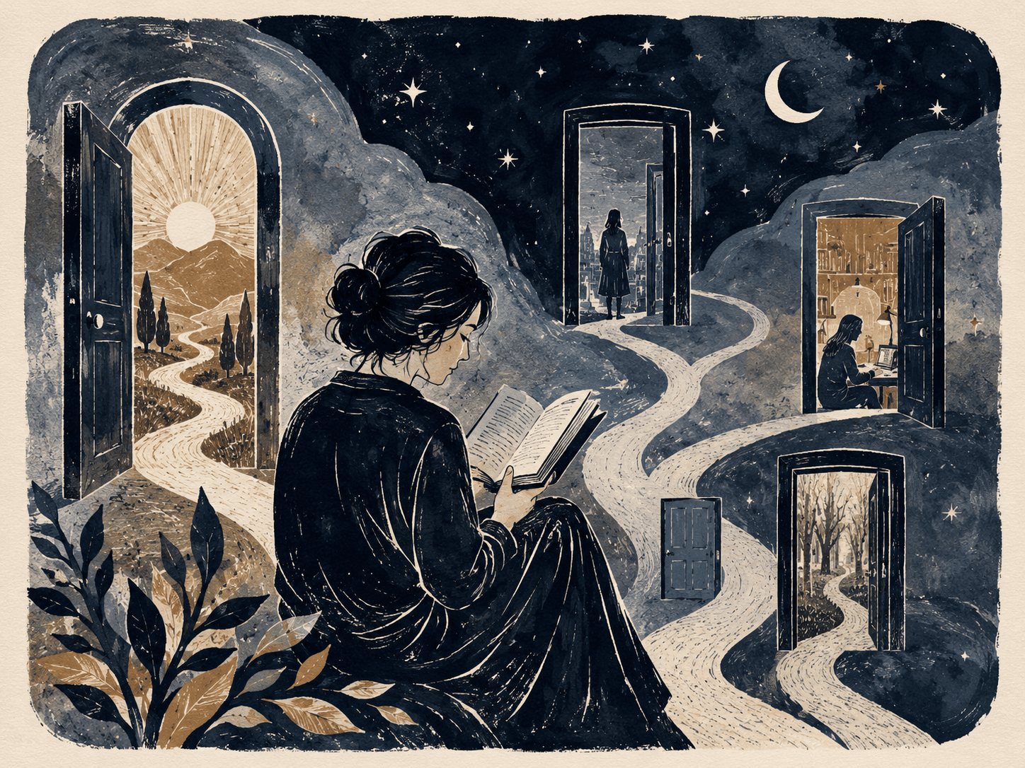 Livro aberto em mesa de cabeceira com luminária, chá e sombras azuis de noite
