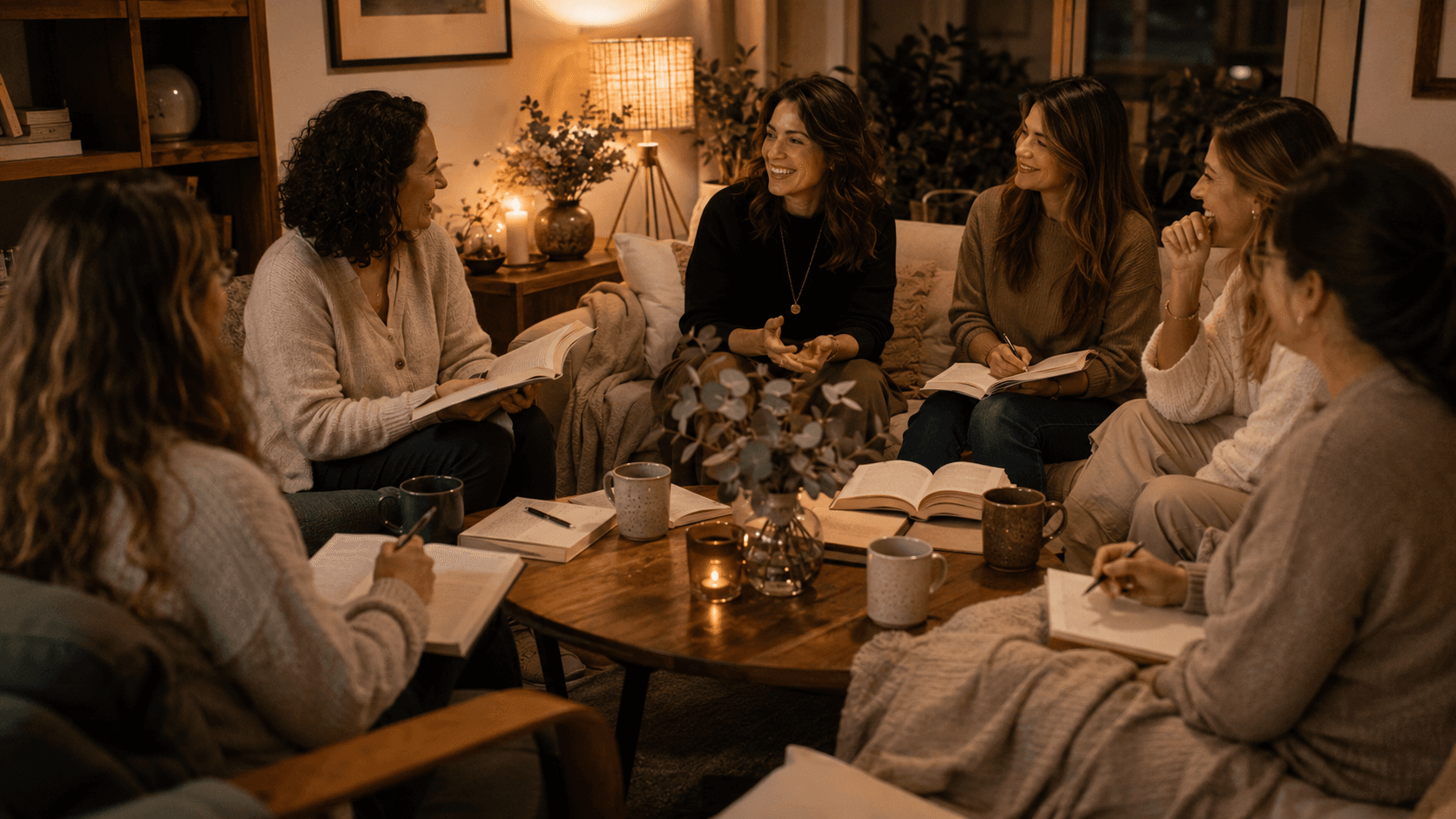 Mulheres adultas reunidas em clube do livro com livros abertos, canecas e cadernos