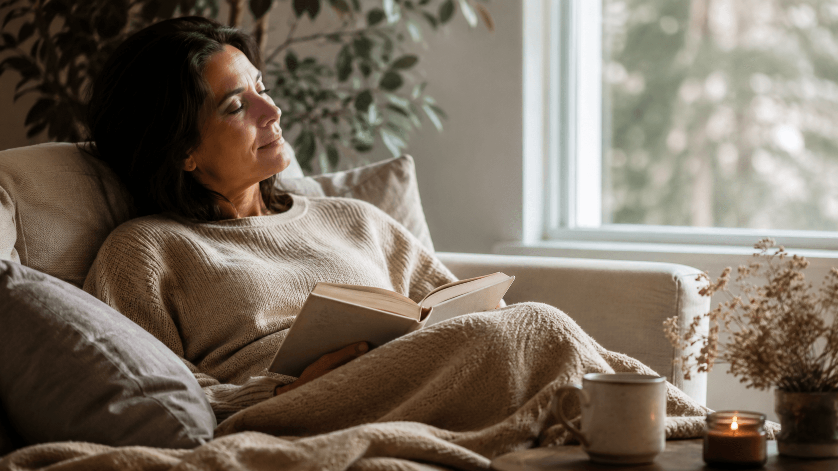 Livro leve ao lado de uma xícara de chá, cobertor e luz baixa em uma cena de leitura possível para dias de pouca energia.
