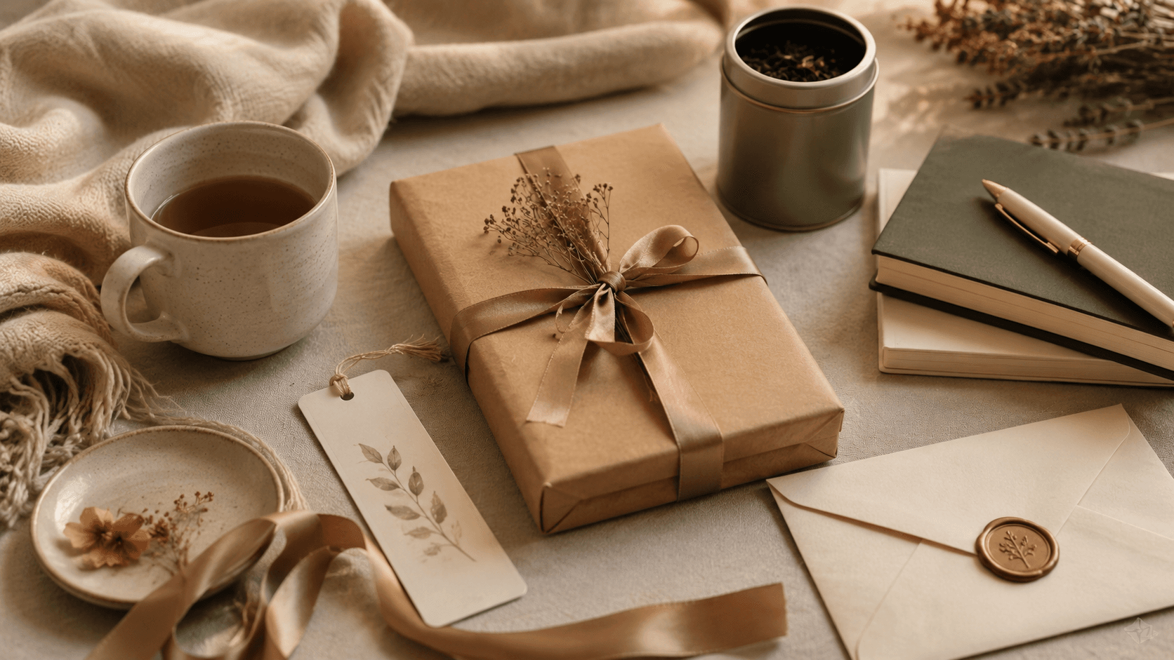 Arranjo de presente com livro embrulhado, caderno, marcador, envelope, caneta e xícara em tons neutros.