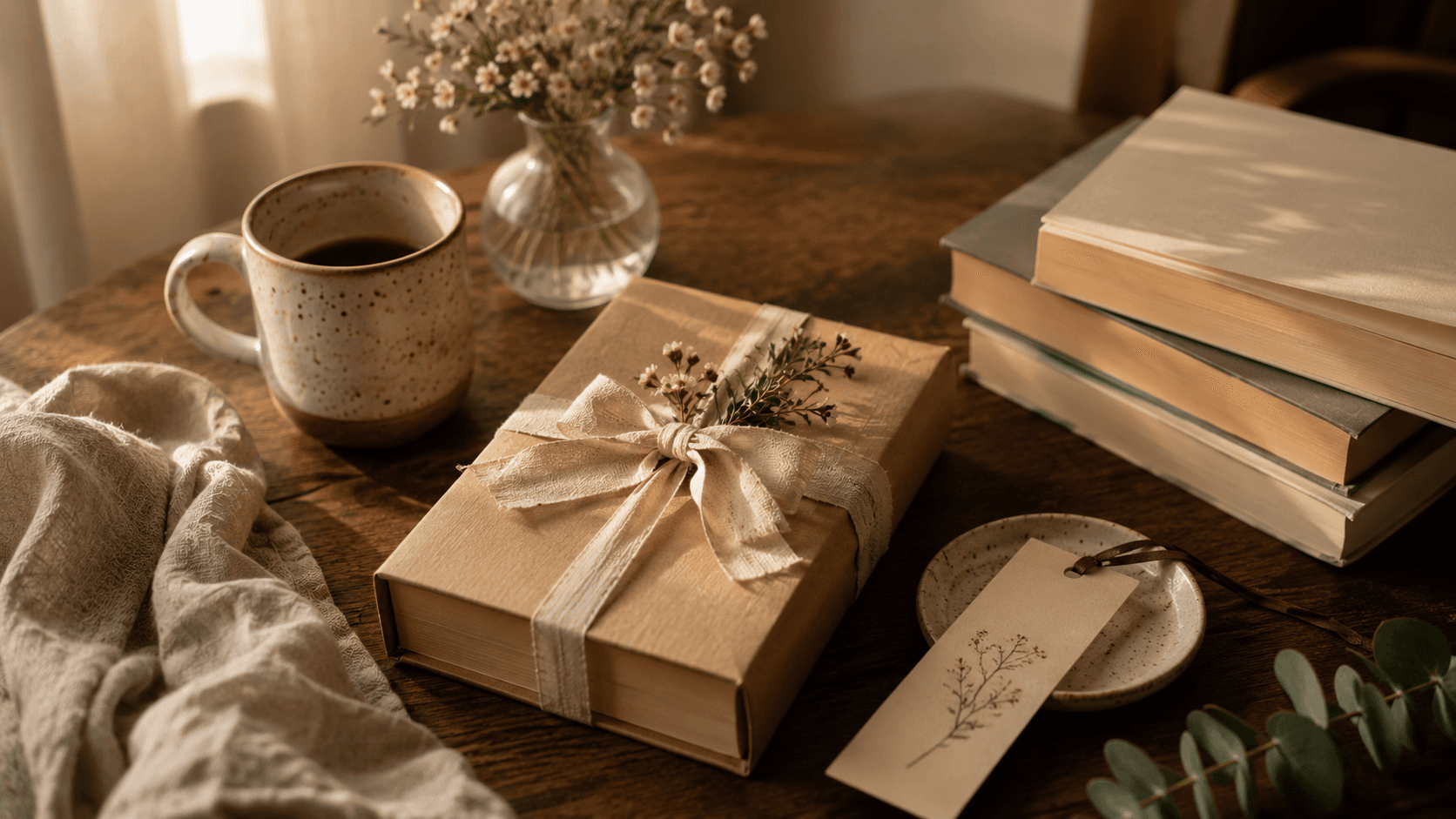 Presente literário com livro embrulhado, xícara, marcador e flores sobre mesa de madeira