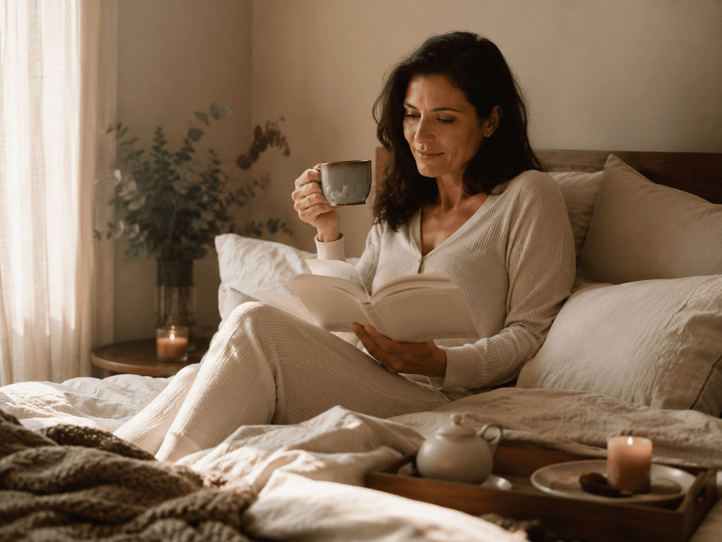 Mesa aconchegante com livro aberto, xícara, luz suave e pequenos objetos para um ritual de leitura.
