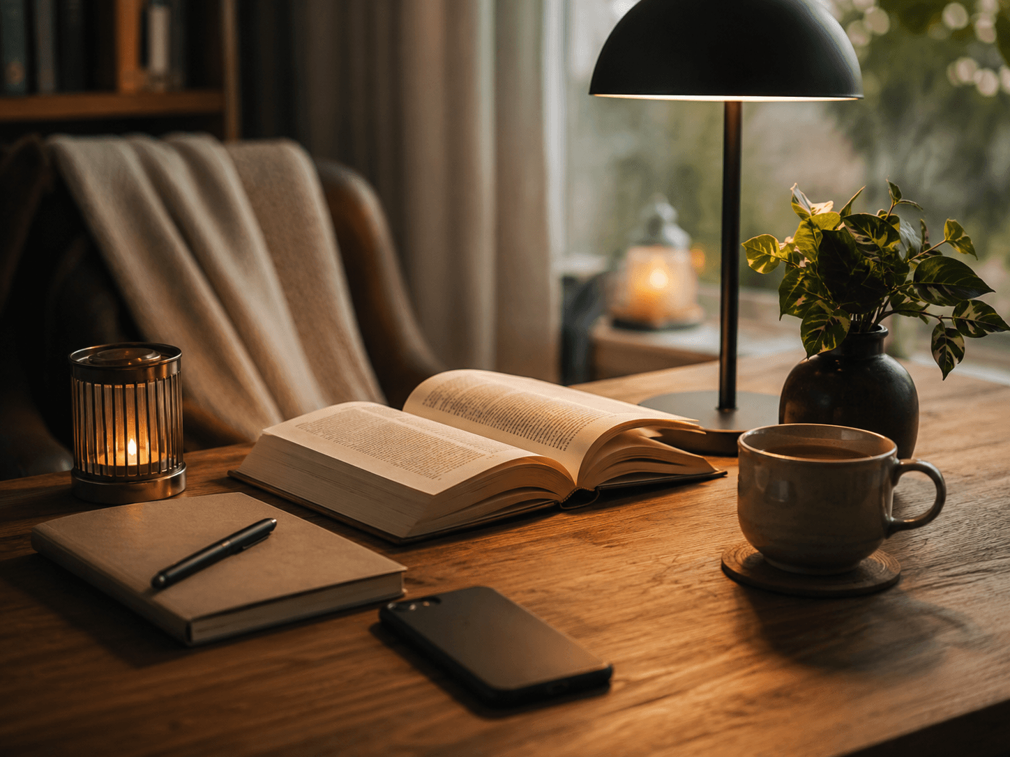 Livro aberto em uma mesa com celular virado para baixo, caderno, caneca e luz suave, sugerindo um ritual offline de leitura.