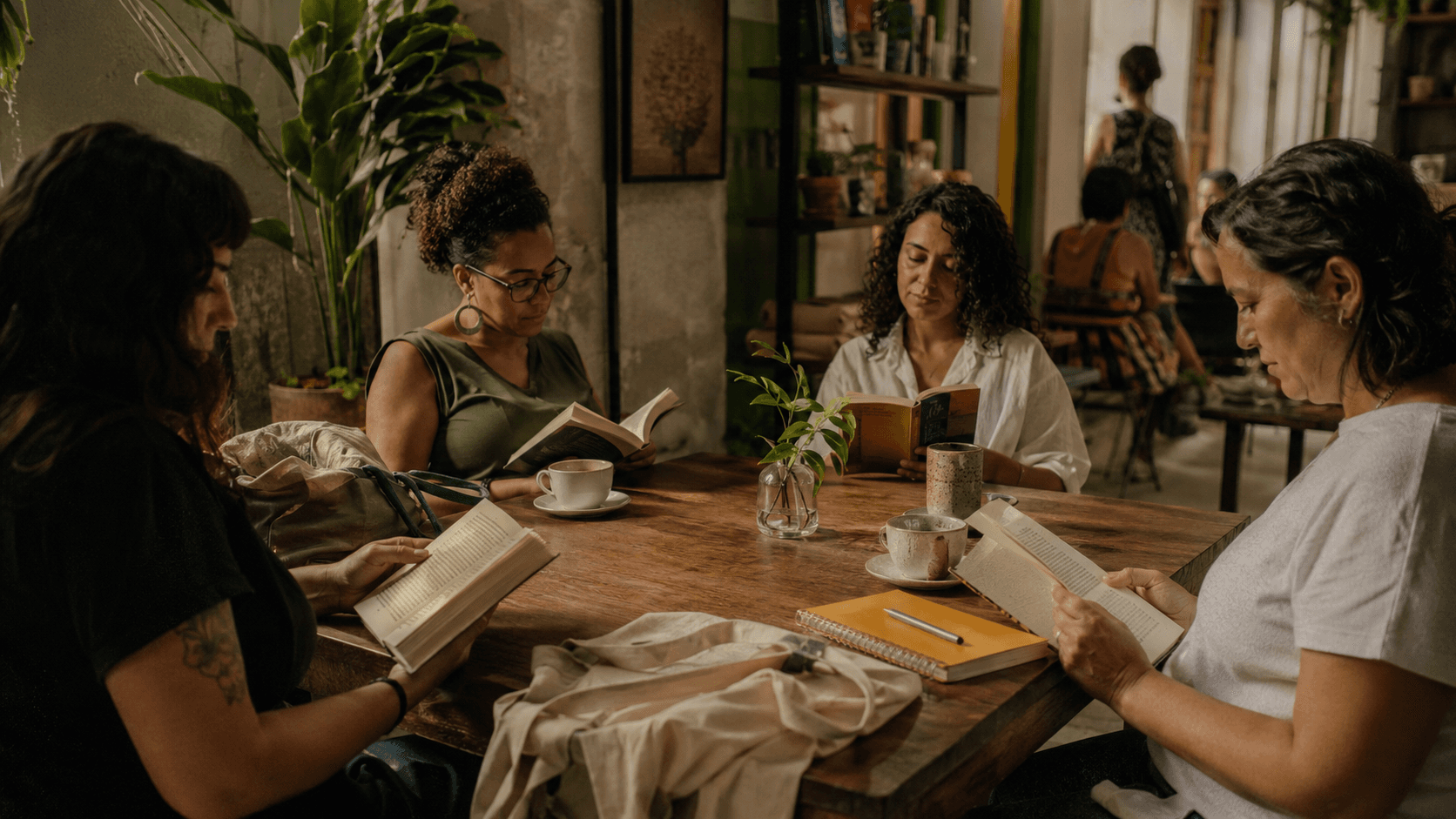 Mulheres lendo livros diferentes em uma mesa de café durante um encontro tranquilo de leitura coletiva.