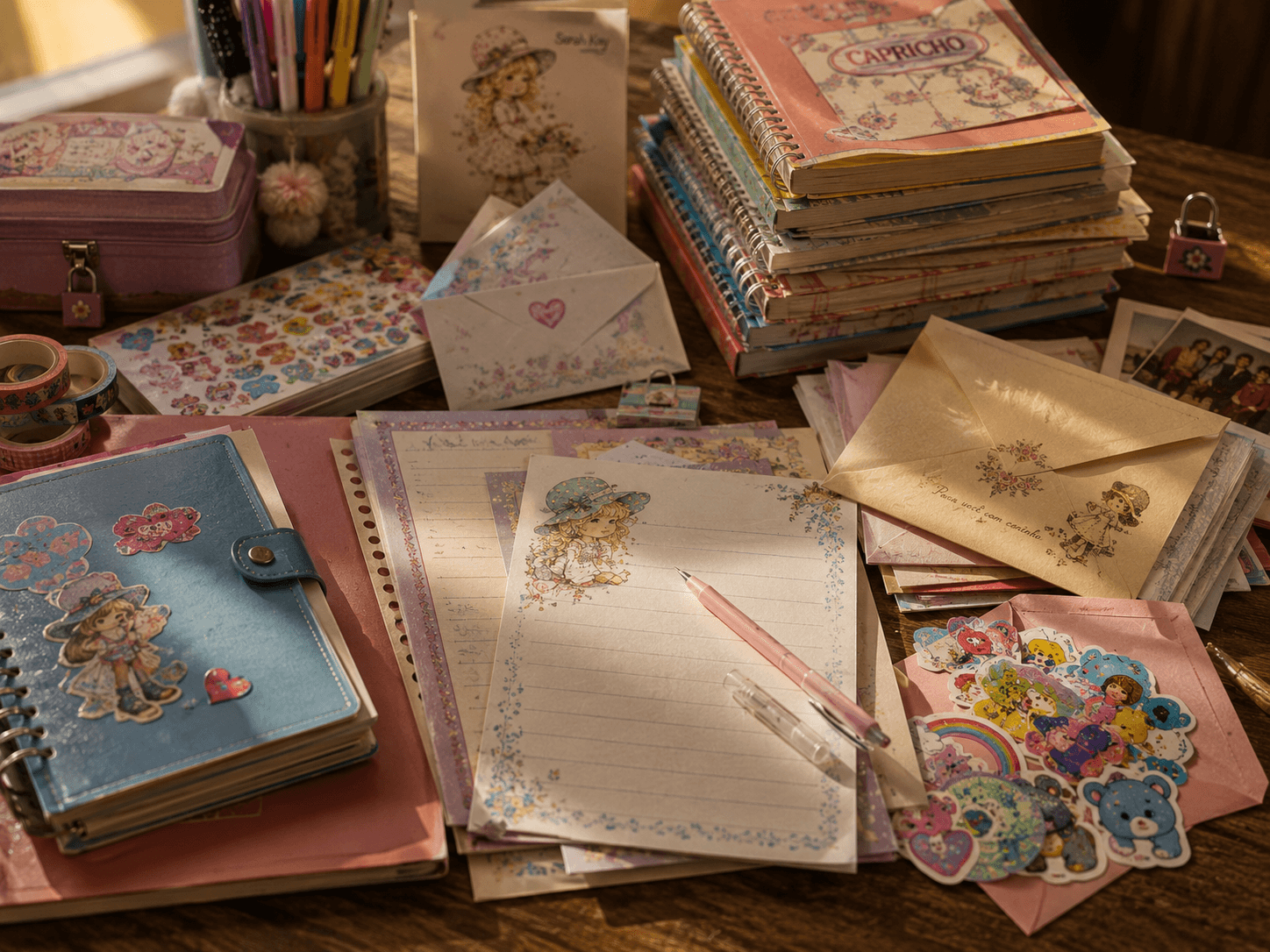 Papéis de carta, envelopes, adesivos, agendas e canetas coloridas sobre uma mesa em luz quente
