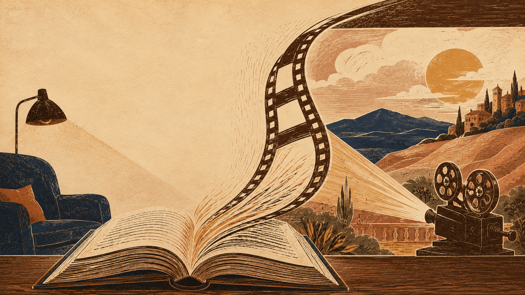 Livros e elementos visuais que sugerem histórias para ler antes da adaptação.