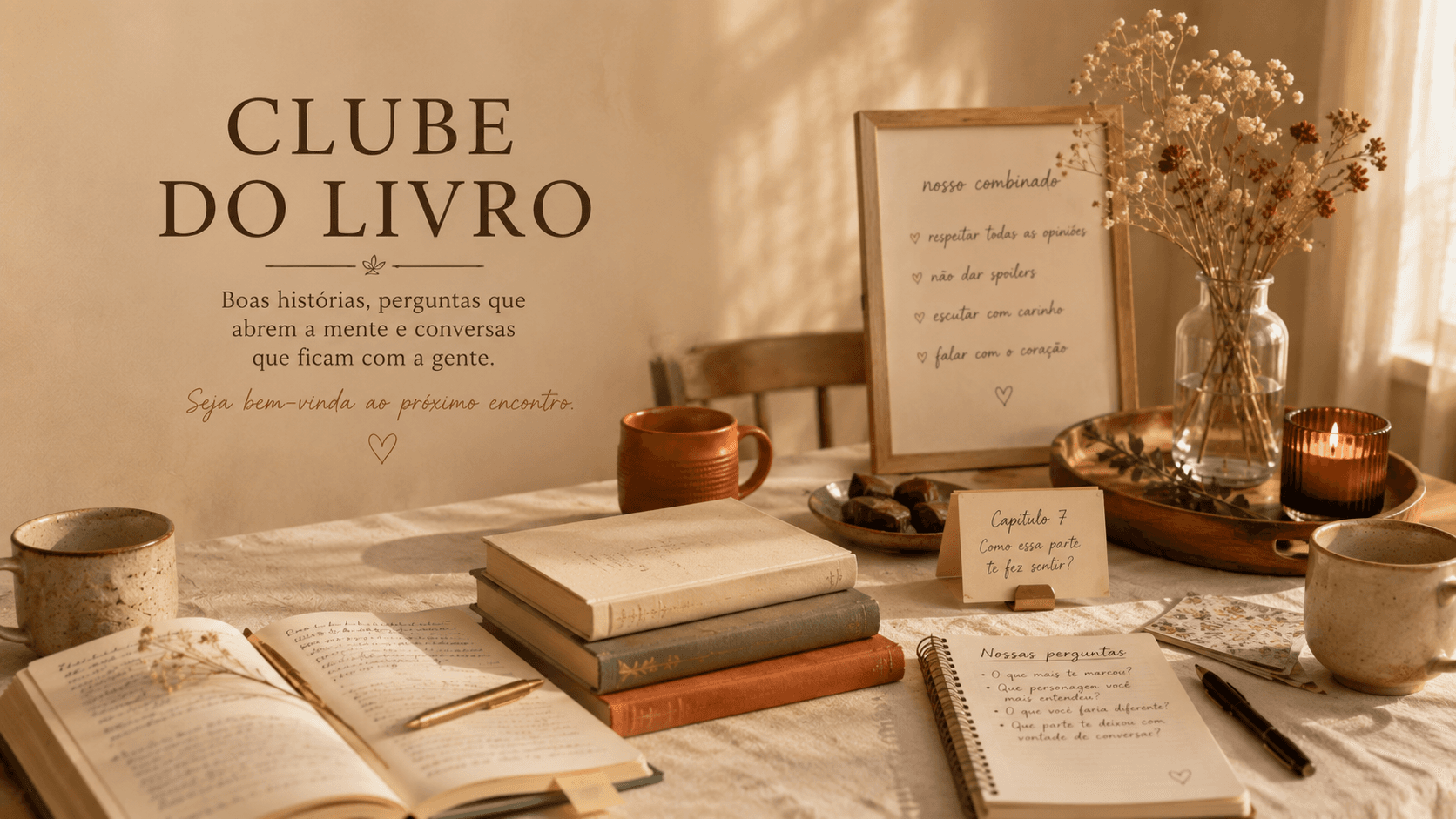 Livros e anotações preparados para uma conversa de clube do livro.